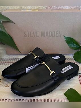 NEW Steve Madden Women's Galilea Leather Loafer Mule Slip-On Black Flats, Size 6